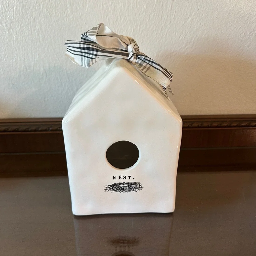 Rae Dunn NEST Ceramic Birdhouse White Farmhouse Decor Magenta Artisan Collection